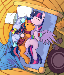 Size: 2750x3200 | Tagged: safe, artist:dacaoo, derpibooru import, twilight sparkle, twilight sparkle (alicorn), oc, oc:solar comet, alicorn, pegasus, pony, bed, book, bow, canon x oc, clothes, cuddling, disguise, disguised changeling, eyes closed, female, femboy, male, mare, sleeping, socks, stallion, straight, striped socks, tail, tail bow, trap