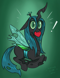 Size: 2300x3000 | Tagged: safe, artist:t72b, derpibooru import, queen chrysalis, changeling, changeling queen, canterlot wedding 10th anniversary, biting, descriptive noise, exclamation point, female, heart, high res, looking at you, lying down, mouth hold, prone, simple background, solo, surprised, wings