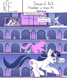 Size: 2000x2318 | Tagged: safe, artist:tsitra360, derpibooru import, nightmare moon, twilight sparkle, unicorn twilight, alicorn, pony, unicorn, comic:resized, castle of the royal pony sisters, charging, comic, element of generosity, element of honesty, element of kindness, element of laughter, element of loyalty, element of magic, elements of harmony, growth, growth spurt, macro, micro, scene interpretation, trotting