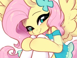 Size: 1440x1080 | Tagged: safe, artist:colorfulcolor233, derpibooru import, fluttershy, pegasus, semi-anthro, blushing, clothes, cute, daaaaaaaaaaaw, dress, equestria girls outfit, female, looking at you, shyabetes, simple background, sitting, smiling, socks, solo, spread wings, thigh highs, white background, wings