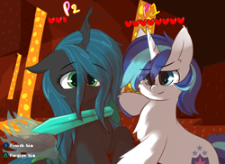 Size: 1800x1309 | Tagged: safe, artist:grithcourage, derpibooru import, queen chrysalis, shining armor, alicorn, unicorn, canterlot wedding 10th anniversary, adorable face, cute, duo, forgiveness, health bars, male and female, minecraft, nether (minecraft), sword, weapon