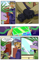 Size: 724x1103 | Tagged: safe, artist:candyclumsy, derpibooru import, spike, oc, dragon, griffon, comic:revolution of harmony, griffon oc, nervous, older, older spike, scenery