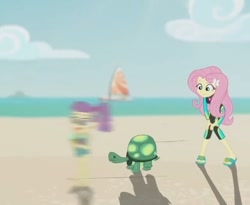 Size: 438x359 | Tagged: safe, derpibooru import, screencap, fluttershy, lily pad (equestria girls), tank, tortoise, aww... baby turtles, better together, equestria girls, beach, clothes, cropped, fluttershy's wetsuit, motion blur, sandals, swimsuit