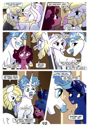 Size: 2100x3000 | Tagged: safe, artist:loryska, derpibooru import, fancypants, fleur-de-lis, prince blueblood, oc, oc:indigo sky, oc:la belle estelle, pony, unicorn, comic:friendship grows, eyes closed, female, frown, grammar error, grin, high res, horn, magical lesbian spawn, male, mare, offspring, older, open mouth, open smile, parent:trixie, parent:twilight sparkle, parents:twixie, smiling, stallion, unicorn oc