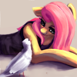 Size: 1382x1382 | Tagged: safe, artist:rainsketch, derpibooru import, fluttershy, bird, semi-anthro, lying down, solo