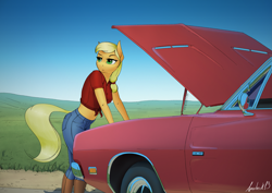 Size: 4961x3508 | Tagged: safe, artist:apocheck13, derpibooru import, applejack, anthro, earth pony, plantigrade anthro, absurd file size, absurd resolution, applerack, boots, breasts, car, clothes, dodge (car), dodge charger, female, front knot midriff, jeans, legs together, mare, mechanic, midriff, pants, shirt, shoes, signature, solo