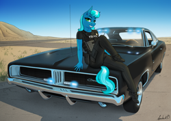 Size: 3508x2480 | Tagged: safe, artist:apocheck13, derpibooru import, oc, oc only, anthro, earth pony, plantigrade anthro, boots, car, clothes, desert, dodge (car), dodge charger, female, gun, handgun, holster, mare, pistol, plate carrier, police, police uniform, shoes, solo, weapon