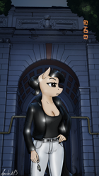 Size: 1400x2500 | Tagged: safe, alternate version, artist:apocheck13, derpibooru import, oc, oc only, oc:elya, anthro, earth pony, anthro oc, arch, belt, breasts, cleavage, clothes, earth pony oc, female, jacket, jeans, keychain, leather jacket, looking away, looking to side, looking to the right, mare, open clothes, open jacket, pants, ponytail, solo