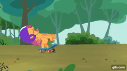 Size: 640x360 | Tagged: safe, derpibooru import, screencap, scootaloo, alligator, pegasus, pony, season 3, sleepless in ponyville, animated, bipedal, eyes closed, female, filly, foal, gif, gifs.com, helmet, open mouth, scooter, sleeping, snoring, solo