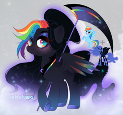 Size: 1886x1770 | Tagged: safe, artist:whohwo, derpibooru import, nightmare moon, rainbow dash, pony, base used, bat wings, eyelashes, female, hoof polish, makeup, mare, nightmare rainbow dash, nightmarified, scythe, wings