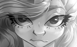 Size: 1280x790 | Tagged: safe, artist:meggychocolatka, derpibooru import, oc, oc only, pony, bust, eyelashes, female, grayscale, mare, monochrome, smiling, solo