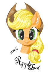 Size: 2481x3508 | Tagged: safe, artist:memprices, derpibooru import, applejack, earth pony, pony, bust, clip studio paint, high res, looking at you, pencil, pencil drawing, portrait, signature, simple background, smiling, solo, traditional art, white background