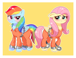 Size: 3088x2364 | Tagged: safe, artist:leo19969525, derpibooru import, fluttershy, rainbow dash, pegasus, pony, blushing, chains, clothes, duo, duo female, female, frown, hair, high res, mare, multicolored hair, never doubt rainbowdash69's involvement, pink hair, pink tail, prison outfit, prisoner, prisoner ft, prisoner rd, rainbow hair, rainbow tail, simple background, tail, wings, yellow background