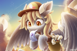 Size: 2700x1800 | Tagged: safe, artist:symbianl, derpibooru import, derpy hooves, pegasus, pony, :3, bag, cute, derpabetes, female, flying, hat, mailmare, mailmare hat, mare, mouth hold, scroll, sky, solo, spread wings, wings