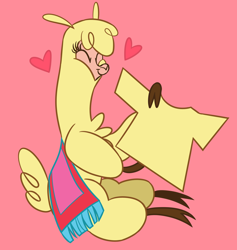 Size: 1570x1659 | Tagged: safe, artist:nonameorous, derpibooru import, paprika paca, alpaca, them's fightin' herds, clothes, community related, cute, eyes closed, happy, heart, paprika, pink background, shirt, simple background, sitting, smiling, t-shirt, yellow