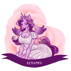 Size: 3000x3000 | Tagged: safe, artist:demamro, derpibooru import, princess cadance, alicorn, anthro, big breasts, breasts, cleavage, clothes, dress, heart, lidded eyes, looking at you, love, raspberry, smiling, solo, spread wings, tongue, tongue out, wings