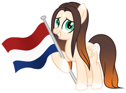 Size: 1280x946 | Tagged: safe, artist:cindydreamlight, derpibooru import, oc, oc only, oc:cindy, pegasus, pony, brown mane, colored wings, female, flag, flag waving, flagpole, folded wings, gradient mane, gradient tail, gradient wings, green eyes, grin, hoof hold, hooves, mare, netherlands, outline, pegasus oc, show accurate, simple background, smiling, solo, standing, tail, tan coat, transparent background, two toned coat, white outline, wings