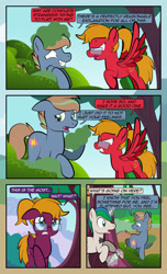 Size: 1920x3168 | Tagged: safe, artist:alexdti, derpibooru import, oc, oc only, oc:brainstorm (alexdti), oc:purple creativity, oc:star logic, pegasus, pony, unicorn, comic:quest for friendship, angry, bouquet, bowtie, butt, comic, cross-popping veins, dialogue, ears, ears back, eye contact, female, floppy ears, flower, folded wings, glasses, glowing, glowing horn, grin, gritted teeth, high res, hoof hold, hooves, horn, looking at each other, looking at someone, looking away, magic, male, mare, narrowed eyes, nervous, nervous grin, open mouth, outdoors, pegasus oc, plot, ponytail, raised eyebrow, raised hoof, raised leg, red face, shrunken pupils, smiling, speech bubble, spread wings, stallion, standing, teeth, telekinesis, two toned mane, unicorn oc, wall of tags, wings