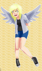 Size: 1897x3162 | Tagged: safe, artist:ioriyokusa01, derpibooru import, derpy hooves, human, 2017, blushing, clothes, converse, female, high res, humanized, open mouth, open smile, shoes, shorts, smiling, sneakers, solo, spread wings, winged humanization, wings