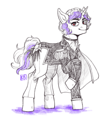 Size: 2048x2236 | Tagged: safe, artist:karamboll, derpibooru import, oc, oc:caramel mirage, pony, unicorn, cape, clothes, commission, curly hair, male, military uniform, sketch, solo, uniform