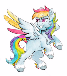 Size: 3417x3850 | Tagged: safe, artist:lightisanasshole, derpibooru import, rainbow dash, pegasus, pony, colored hooves, colored wings, female, hair, messy mane, multicolored hair, rainbow hair, redraw, simple background, solo, traditional art, unshorn fetlocks, watercolor painting, white background, wings