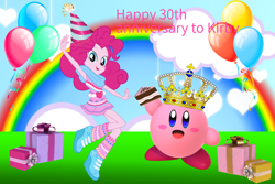 Size: 3000x2000 | Tagged: safe, artist:magical-mama, artist:sugar-loop, artist:user15432, derpibooru import, pinkie pie, equestria girls, anniversary, balloon, barely eqg related, birthday, birthday cake, birthday gift, cake, cloud, crossover, crown, food, gift wrapped, hat, jewelry, kirby, kirby (series), kirby pie, looking at you, open mouth, party, party hat, present, rainbow, regalia