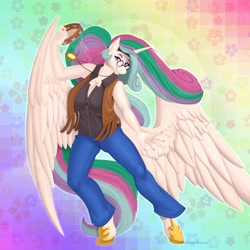 Size: 4000x4000 | Tagged: safe, artist:sintacle, derpibooru import, princess celestia, alicorn, anthro, unguligrade anthro, abstract background, absurd resolution, bellbottoms, big breasts, breasts, cleavage, clothes, female, glasses, hippie, jewelry, large wings, looking at you, mare, musical instrument, nail polish, necklace, pants, princess breastia, smiling, smiling at you, solo, tambourine, vest, wings