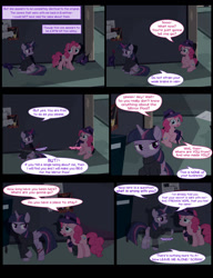 Size: 1042x1358 | Tagged: safe, artist:dendoctor, derpibooru import, mean twilight sparkle, pinkie pie, twilight sparkle, twilight sparkle (alicorn), alicorn, earth pony, pony, comic:clone.., alternate universe, clone, clothes, comic, female, injured, pinkie clone, rain