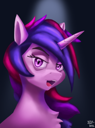 Size: 1000x1346 | Tagged: safe, artist:vezja, derpibooru import, twilight sparkle, unicorn twilight, pony, unicorn, bust, chest fluff, female, horn, looking at you, mare, open mouth, portrait, signature, simple background, spotlight, teeth