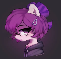 Size: 1280x1251 | Tagged: safe, artist:astralblues, derpibooru import, oc, oc only, pony, bow, bust, clothes, female, glasses, gradient background, hair bow, hoodie, looking at you, looking sideways, mare, portrait, profile, smiling, smiling at you, solo