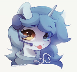 Size: 1280x1205 | Tagged: safe, artist:astralblues, derpibooru import, oc, oc only, pony, unicorn, bust, clothes, female, headphones, headset, heterochromia, looking at you, mare, microphone, portrait, simple background, solo, tongue, tongue out, white background