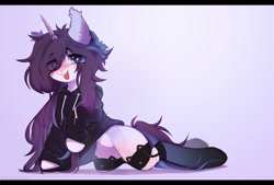Size: 1280x866 | Tagged: safe, artist:astralblues, derpibooru import, oc, oc only, pony, unicorn, cat socks, clothes, eye clipping through hair, female, fishnet stockings, gradient background, hoodie, looking at you, mare, solo, tongue, tongue out