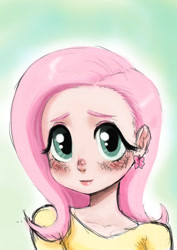 Size: 827x1169 | Tagged: safe, artist:doublewbrothers, derpibooru import, fluttershy, human, cute, ear piercing, earring, female, gradient background, humanized, jewelry, looking at you, old art, piercing, shyabetes, smiling, smiling at you, solo