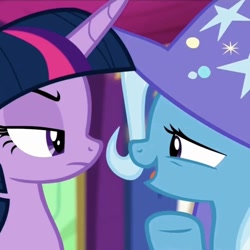 Size: 640x640 | Tagged: safe, derpibooru import, screencap, trixie, twilight sparkle, twilight sparkle (alicorn), alicorn, pony, unicorn, no second prances, season 6, cropped, female, twilight's castle