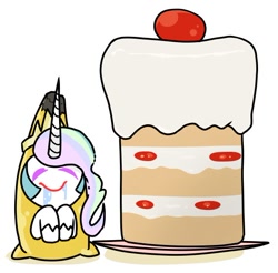 Size: 570x561 | Tagged: safe, artist:batipin, derpibooru import, princess celestia, alicorn, pony, banana, bananalestia, cake, cakelestia, clothes, costume, drool, eyes closed, food, food costume, simple background, white background