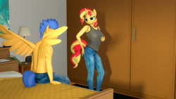 Size: 1920x1080 | Tagged: safe, artist:greenvazzy, derpibooru import, flash sentry, sunset shimmer, anthro, pegasus, unicorn, 3d, breasts, clothes, female, flashimmer, grope, jeans, male, nudity, pants, partial nudity, self grope, shipping, source filmmaker, spread wings, straight, sunset jiggler, topless, wingboner, wings