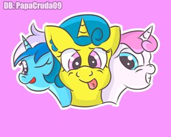 Size: 2500x2000 | Tagged: safe, artist:papacruda09, derpibooru import, lemon hearts, minuette, twinkleshine, pony, unicorn, :p, background pony, happy, horn, horns, looking at you, one eye closed, simple background, smiling, teeth, tongue, tongue out, wink, winking at you