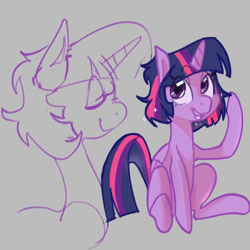 Size: 1500x1500 | Tagged: safe, artist:rirurirue, derpibooru import, twilight sparkle, alicorn, pony, colored, gray background, short hair, simple background, sketch, solo