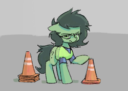 Size: 552x396 | Tagged: safe, artist:plunger, ponerpics import, oc, oc only, oc:anon filly, angry, bags under eyes, child labor, clothes, cone, construction pony, ears, eyebrows, female, filly, floppy ears, foal, looking at you, pun, question mark, safety vest, simple background, solo, traffic cone, wordplay