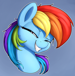 Size: 2734x2793 | Tagged: safe, artist:whiskeypanda, derpibooru import, rainbow dash, pegasus, pony, bust, eyebrows, female, grin, lidded eyes, looking sideways, raised eyebrow, shit eating grin, simple background, smiling, smug, solo, squint, teeth