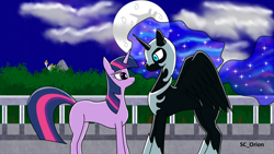 Size: 3840x2160 | Tagged: safe, artist:sc_orion, derpibooru import, nightmare moon, twilight sparkle, alicorn, pony, unicorn, armor, balcony, canterlot, cloud, ethereal mane, everfree forest, fanfic art, female, implied princess celestia, lesbian, mare in the moon, missing cutie mark, moon, shipping, smiling, spread wings, twimoon, wings