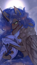 Size: 1920x3342 | Tagged: safe, artist:radomartxx01, derpibooru import, nightmare moon, alicorn, pony, blushing, commission, ethereal mane, female, helmet, mare, moon, night, signature, sky, solo, stars, wallpaper