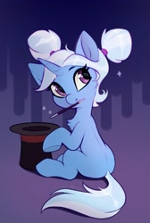 Size: 1086x1616 | Tagged: safe, artist:taneysha, derpibooru import, trixie, pony, unicorn, alternate hairstyle, blank flank, chest fluff, cute, diatrixes, female, filly, filly trixie, foal, hat, looking back, looking over shoulder, magic wand, mouth hold, pigtails, solo, top hat, younger