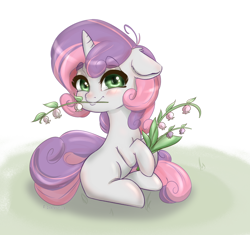 Size: 1500x1411 | Tagged: safe, artist:inky_mitts, derpibooru import, sweetie belle, pony, unicorn, blank flank, blushing, cute, diasweetes, ears, eyebrows, eyebrows visible through hair, female, filly, floppy ears, flower, foal, grass, looking at you, mouth hold, shadow, simple background, sitting, smiling, smiling at you, solo, white background