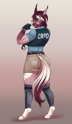 Size: 1800x3096 | Tagged: safe, alternate version, artist:askbubblelee, oc, oc only, oc:merlot swirl, anthro, bat pony, earth pony, hybrid, unguligrade anthro, anthro oc, bat pony oc, biceps, breasts, clothes, coat markings, digital art, earth pony oc, fangs, female, gradient background, looking back, muscles, muscular female, pinto, police, police officer, police uniform, roan, shorts, smiling, solo, sunglasses, vest