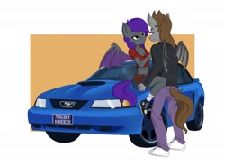 Size: 2048x1506 | Tagged: safe, artist:qbellas, derpibooru import, oc, oc only, oc:devin, oc:night breeze, anthro, bat pony, bat pony oc, belly button, belt, breasts, butt touch, car, cleavage, clothes, converse, convertible, female, ford, ford mustang, hand on butt, hand on shoulder, happy, holding, hoodie, jacket, license plate, looking at each other, looking at someone, love, male, oc x oc, pony car, purple mane, shipping, shoes, short shirt, shorts, simple background, sitting, smiling, socks, sports car, straight, vehicle, white background