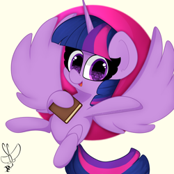 Size: 2000x2000 | Tagged: safe, artist:daftramms, derpibooru import, twilight sparkle, twilight sparkle (alicorn), alicorn, pony, friendship is magic, book, cute, fanart, female, mare, simple background, solo, spread wings, twiabetes, white background, wings