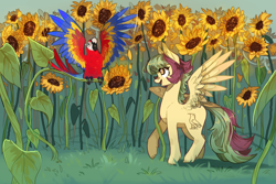 Size: 1800x1200 | Tagged: safe, artist:duckjifs246, derpibooru import, oc, oc only, bird, parrot, pegasus, pony, commission, female, flower, mare, open mouth, open smile, smiling, solo, spread wings, sunflower, wings