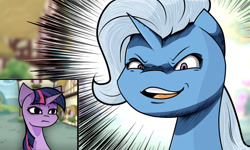 Size: 1280x768 | Tagged: safe, artist:those kids in the corner, derpibooru import, trixie, twilight sparkle, pony, unicorn, bust, duo, duo female, eyebrows, eyebrows visible through hair, female, frown, jojo reference, mare, meme, open mouth, open smile, ponyville, smiling, wojak