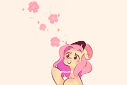 Size: 1500x1000 | Tagged: safe, artist:yun_nhee, derpibooru import, fluttershy, pony, blushing, bust, cherry blossoms, cute, ear fluff, ears, female, flower, flower blossom, mare, pink background, shyabetes, simple background, solo